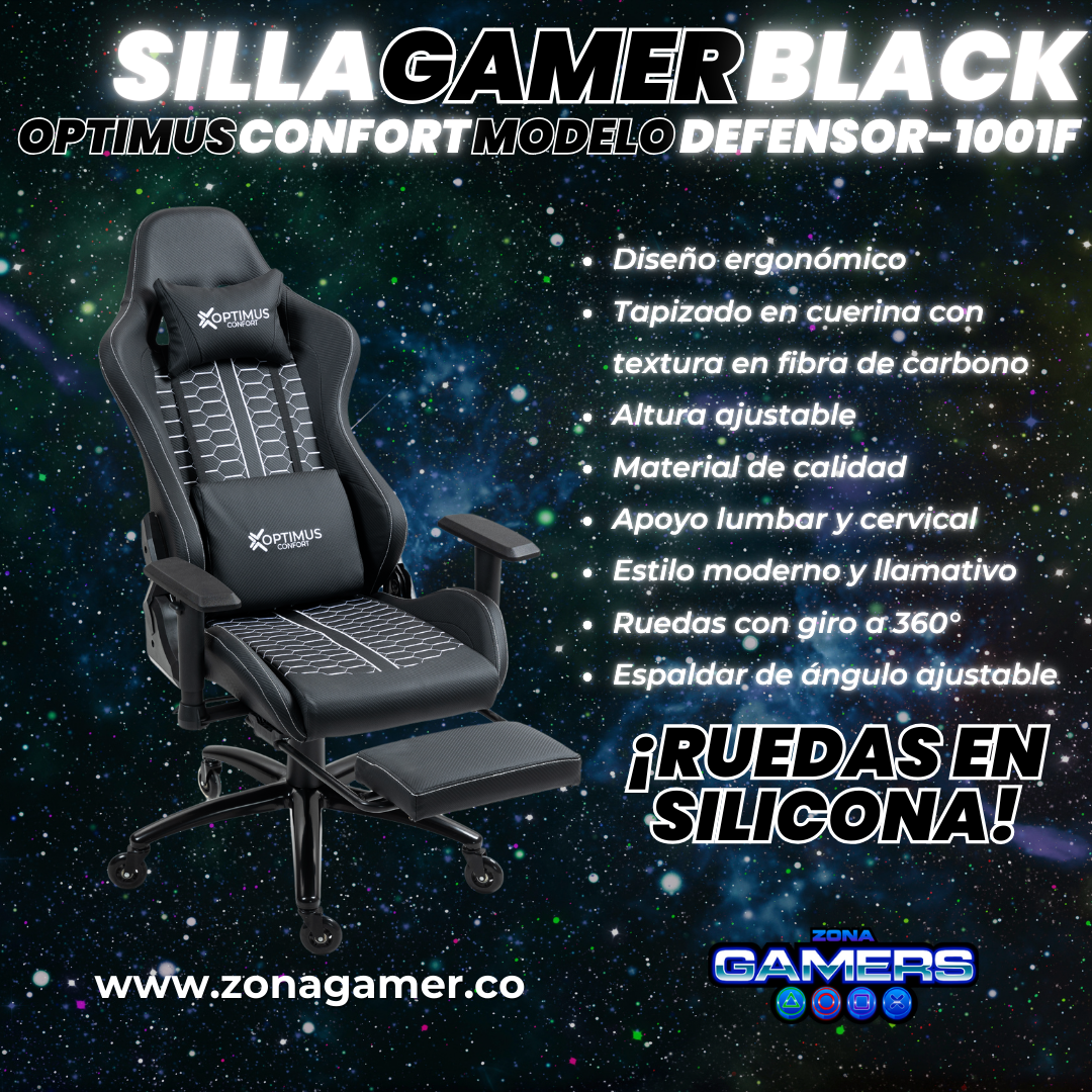 Silla Gamer Defensor-1001F Black con reposapiés y ruedas en silicona