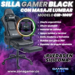 Silla Gamer CIR-1001F Black con masajeador lumbar y reposapiés incluido