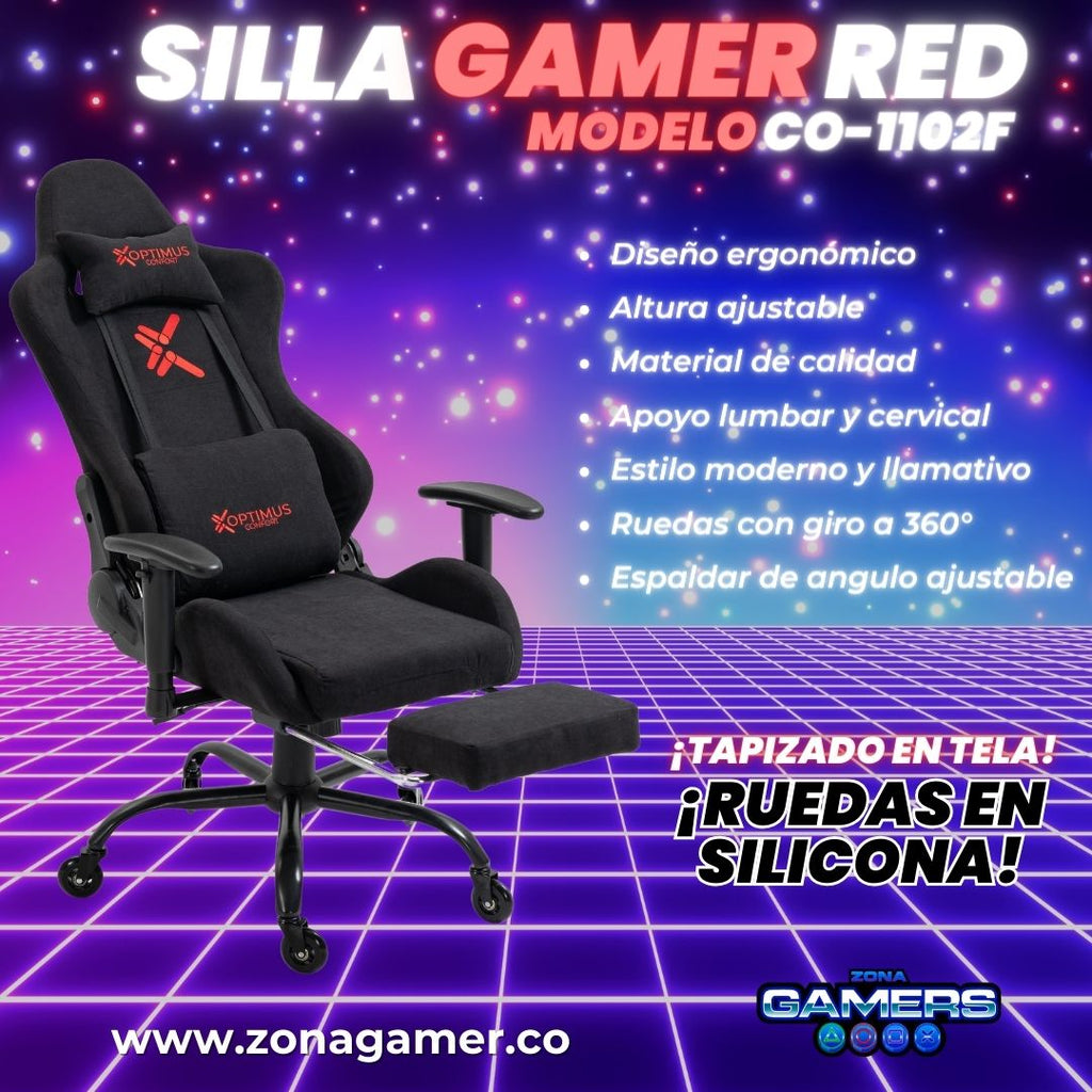 Silla Gamer CO-1102F Red, tapizada en tela con reposapiés y ruedas en silicona