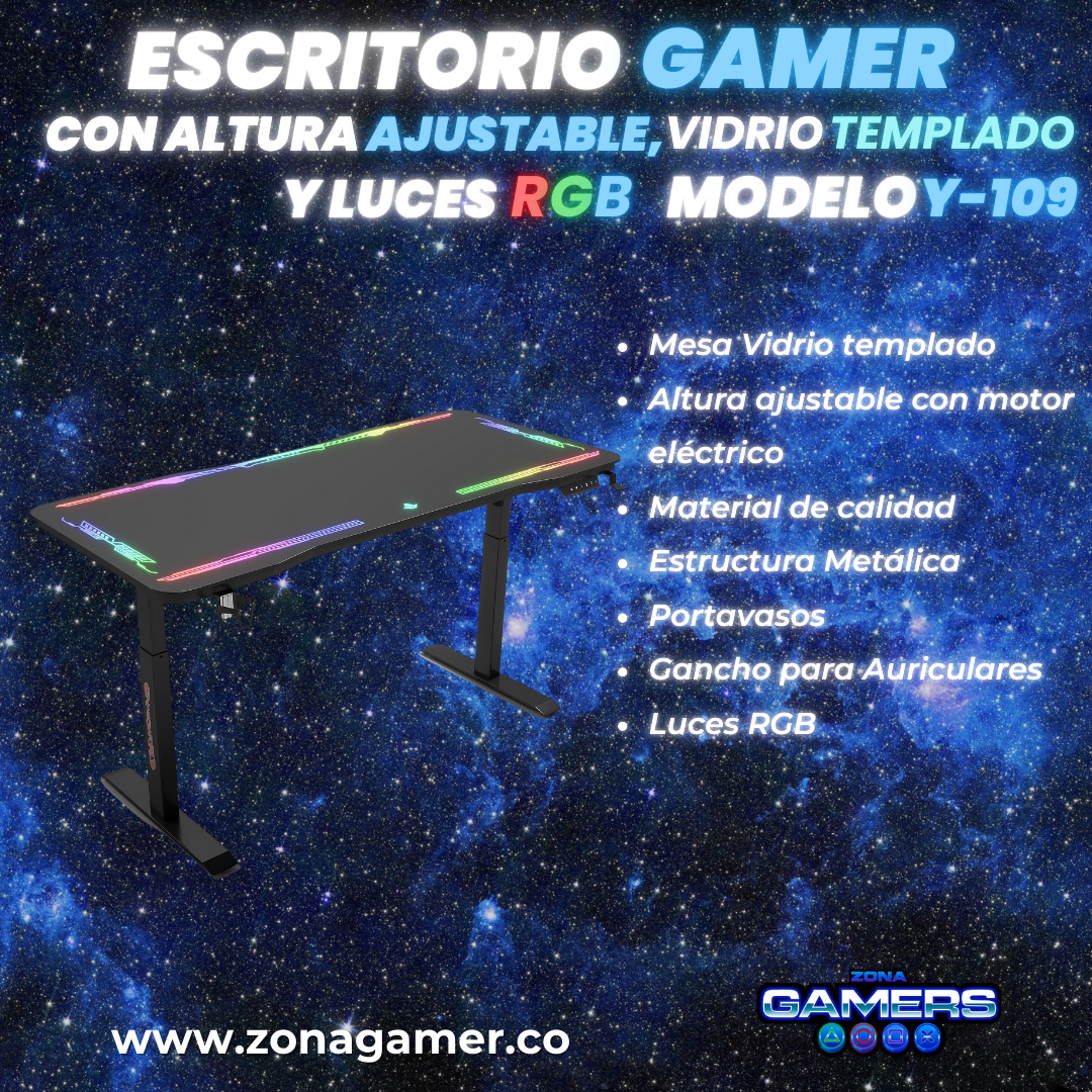 Escritorio Gamer Y-109, Con motor eléctrico, vidrio templado y luces RGB