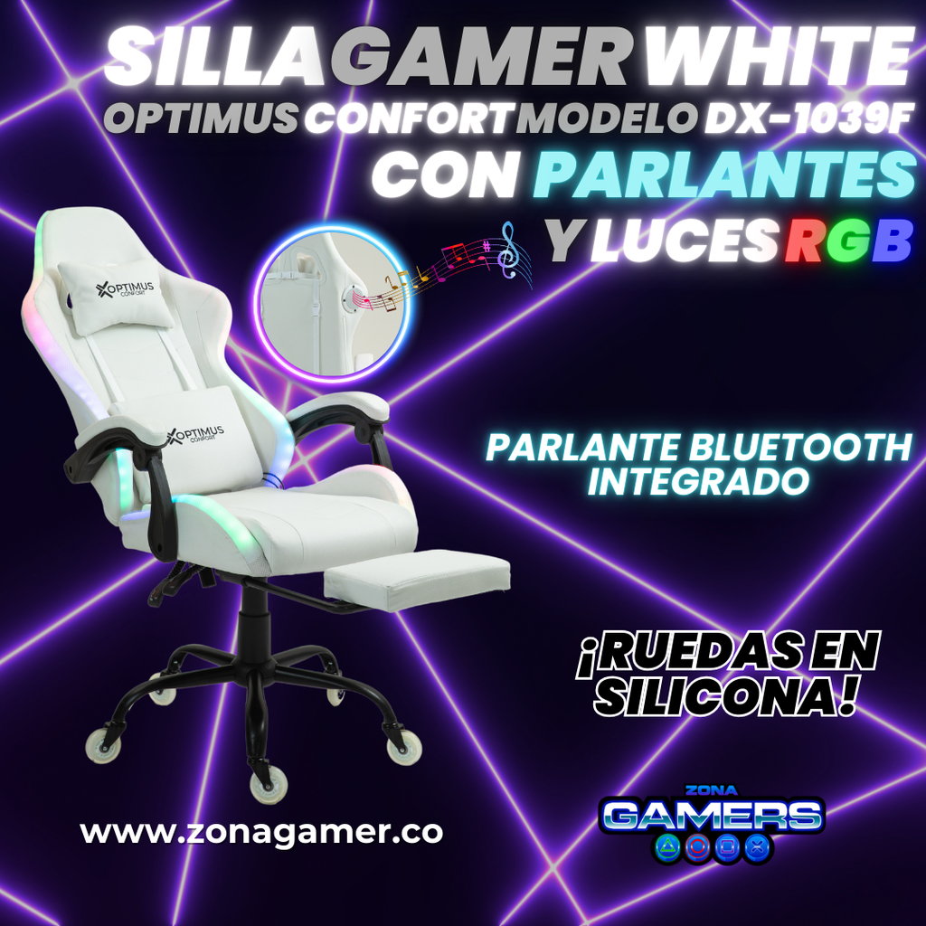 Silla gamer DX-1039F White con luces RGB + Parlantes + reposapiés y ruedas en silicona