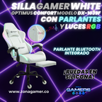 Silla gamer DX-1039F White con luces RGB + Parlantes + reposapiés y ruedas en silicona
