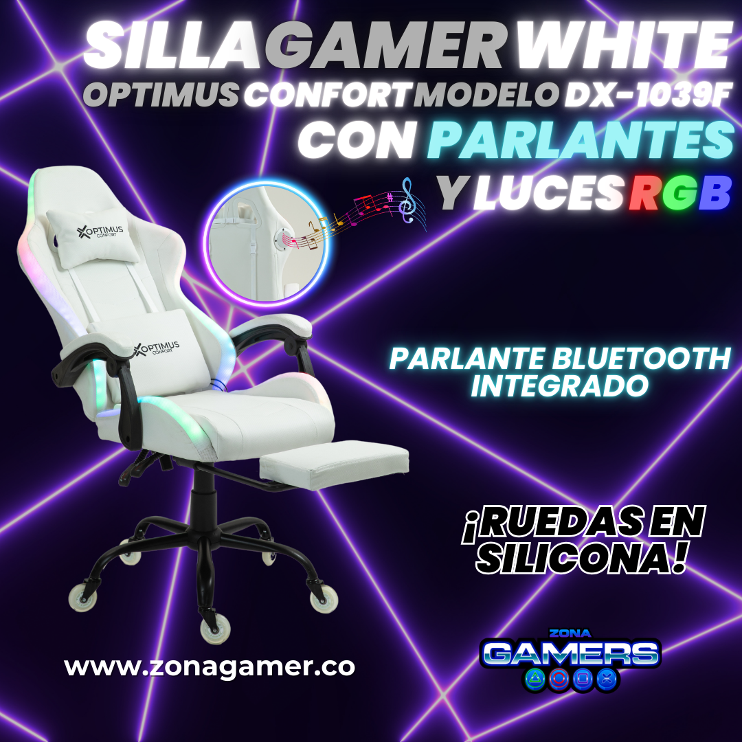 Silla gamer DX-1039F White con luces RGB + Parlantes + reposapiés y ruedas en silicona