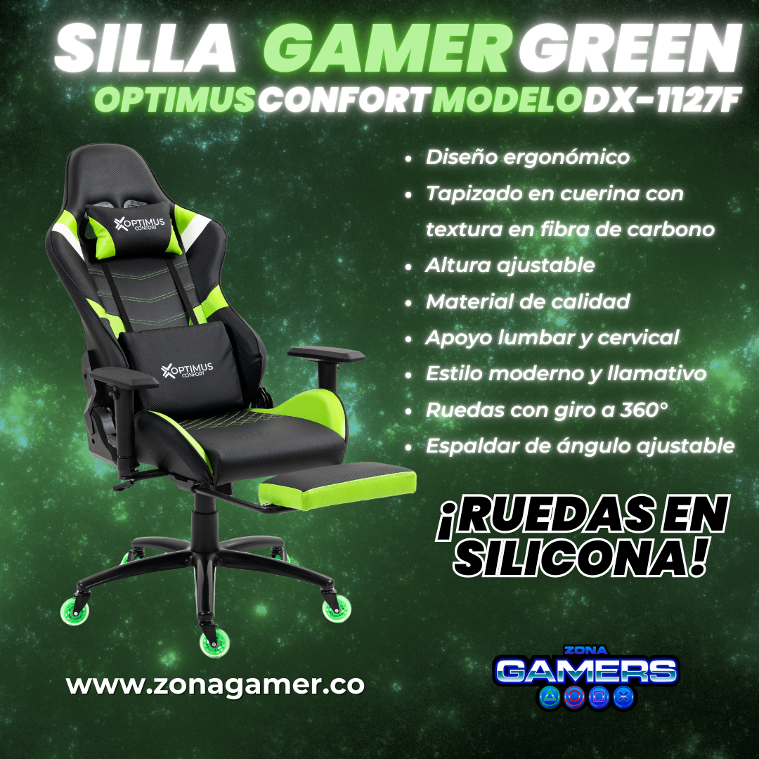 Silla Gamer DX-1127F Green con reposapiés y ruedas en silicona