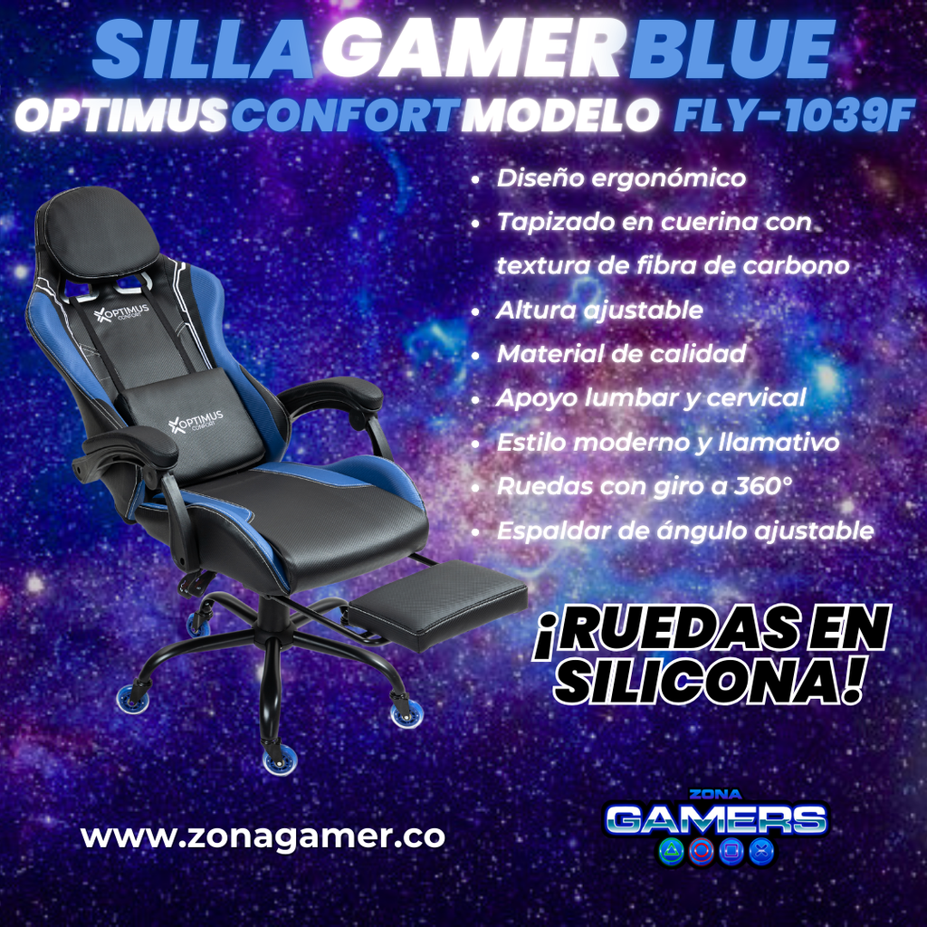 Silla Gamer Fly-1039F Blue con reposapiés y ruedas en silicona