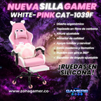Silla Gamer Cat-1039F White-Pink con reposapiés y ruedas en silicona