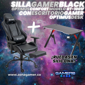 Combo Silla Gamer Black + Escritorio Gamer con reposapiés incluido y ruedas en silicona