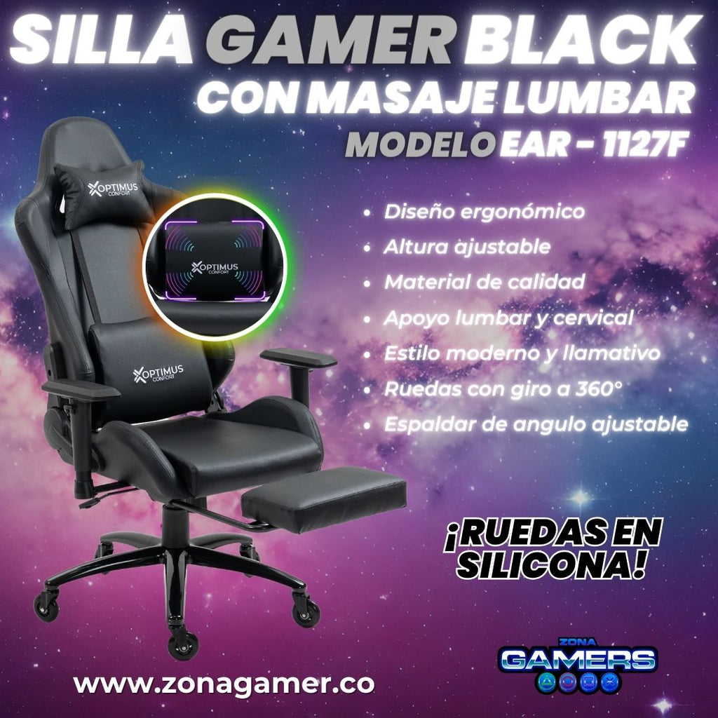 Silla Gamer EAR-1127F + masajeador lumbar con reposapiés incluido y ruedas en silicona