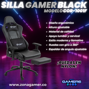 Silla Gamer COR-1001F Black con reposapiés