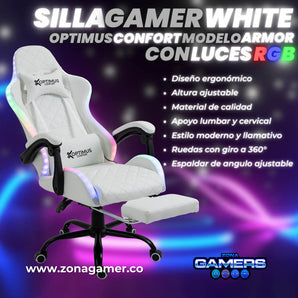 Silla gamer Optimus Confort modelo Armor White con luces RGB