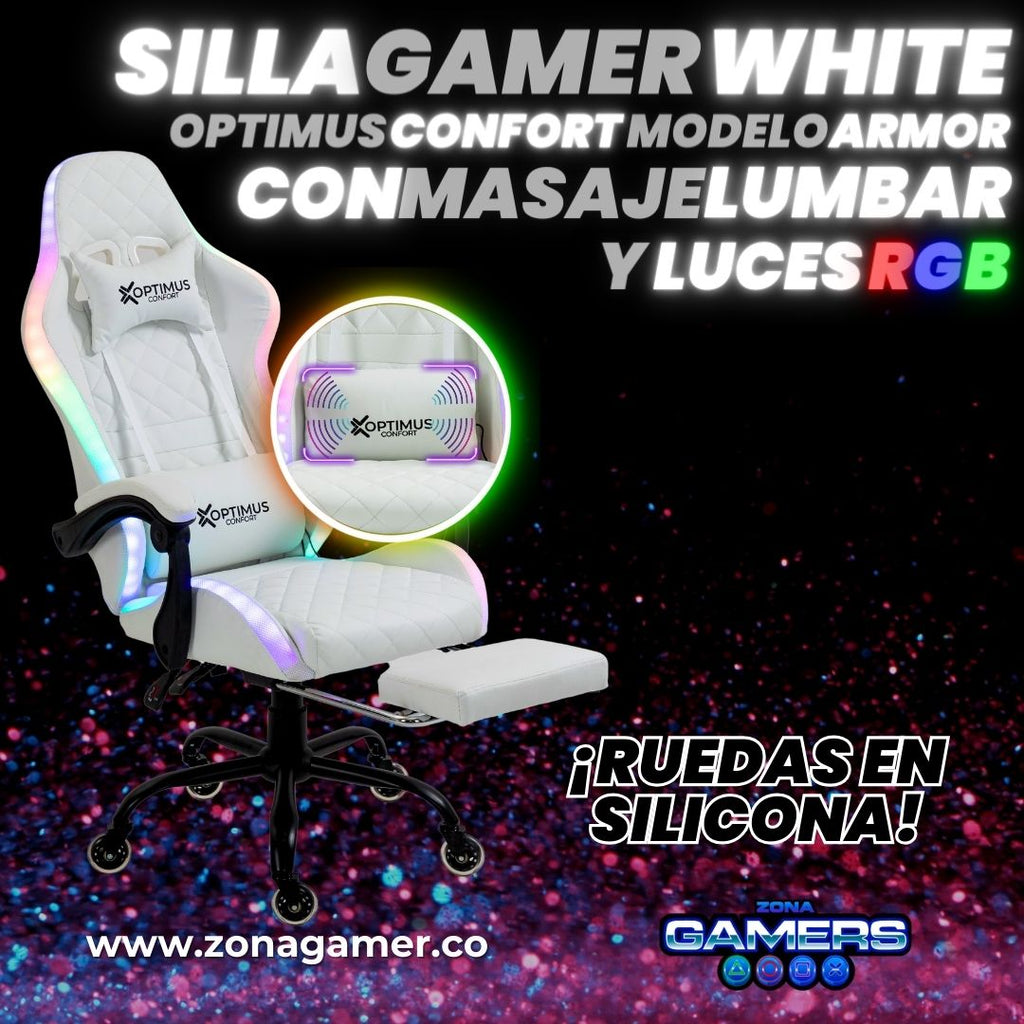 Silla Gamer Armor RGB White + masajeador lumbar con reposapiés incluido y ruedas en silicona