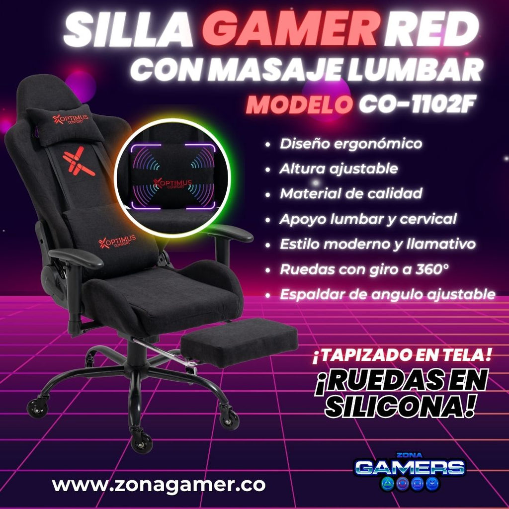Silla Gamer Red + masajeador lumbar, tapizada en tela con reposapiés y ruedas en silicona