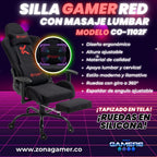 Silla Gamer Red + masajeador lumbar, tapizada en tela con reposapiés y ruedas en silicona