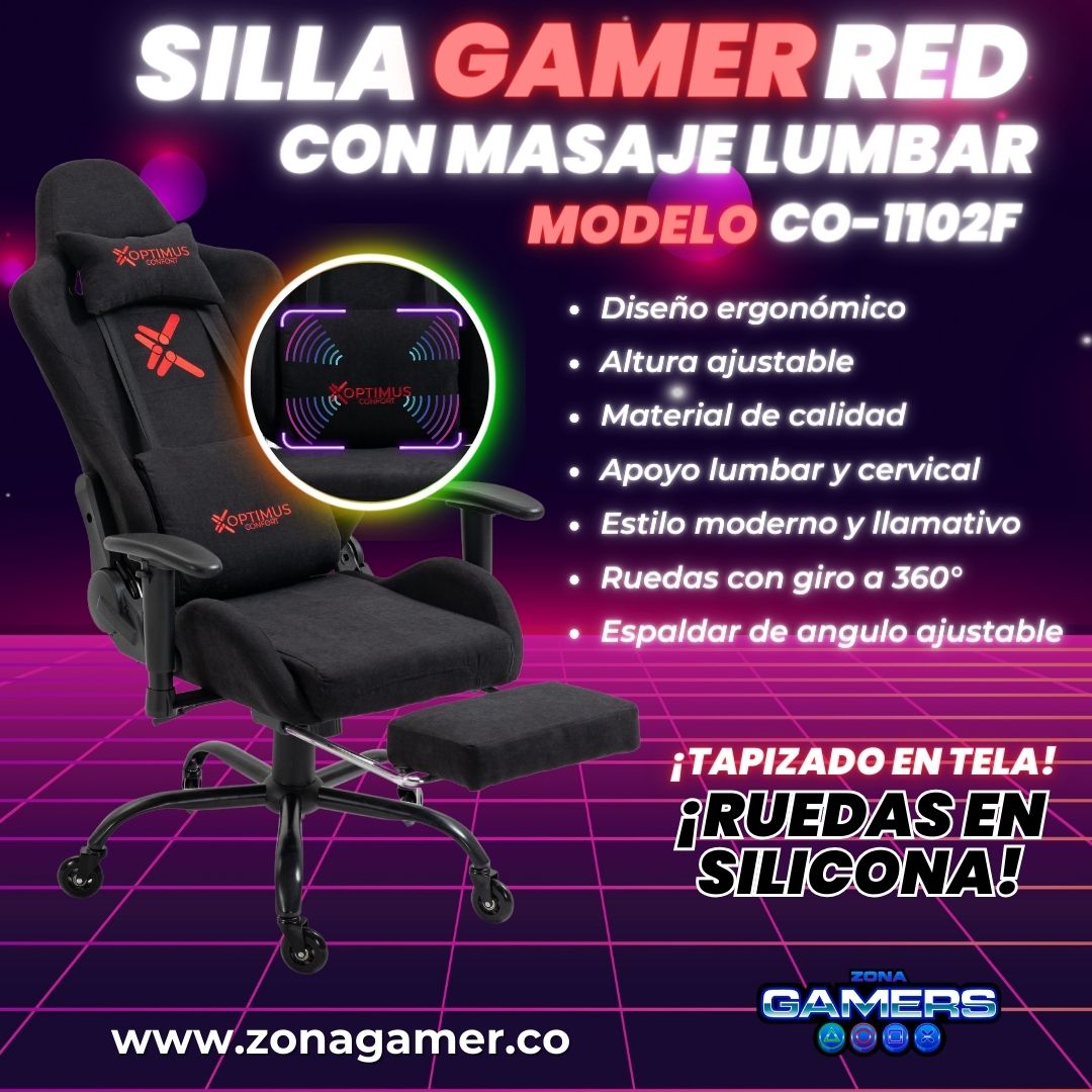 Silla Gamer Red + masajeador lumbar, tapizada en tela con reposapiés y ruedas en silicona