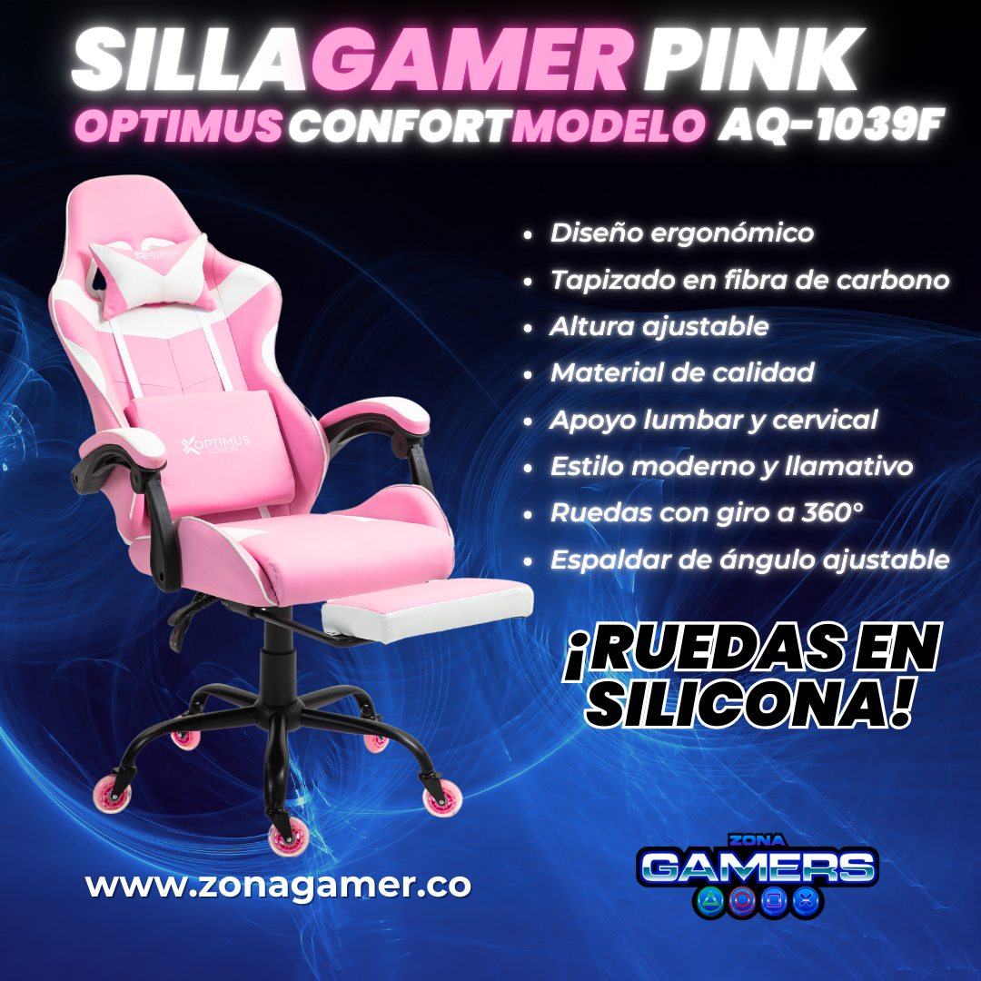 Silla Gamer AQ-1039F Pink con reposapiés y ruedas en silicona