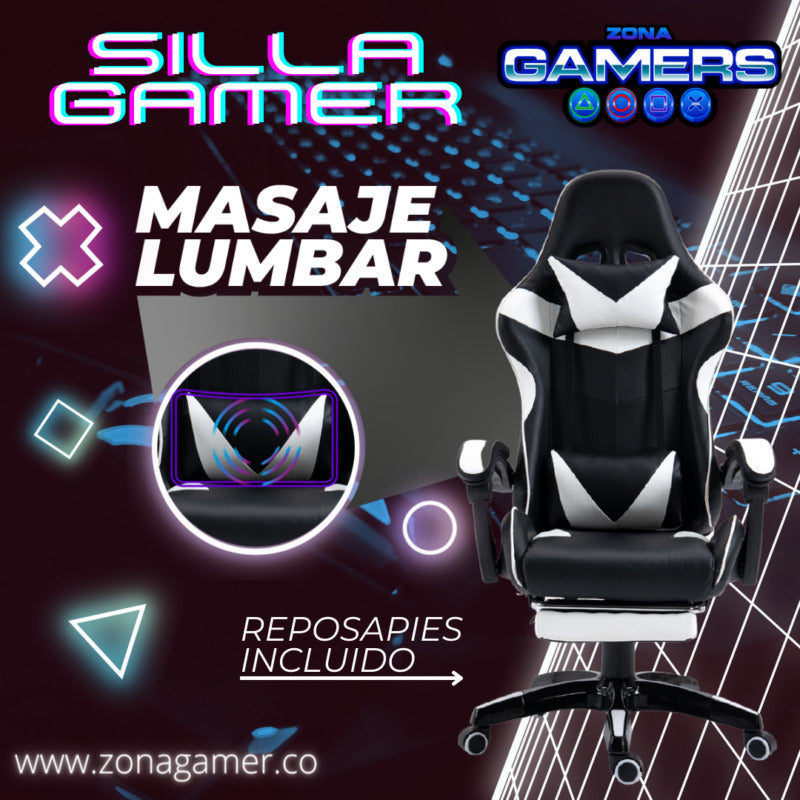 Silla Gamer AQ-1039F White con Masajeador Lumbar y Reposapies incluido