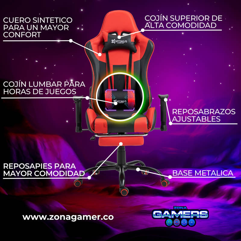 Silla Gamer A231001F Red  con masajeador lumbar y reposapies incluido