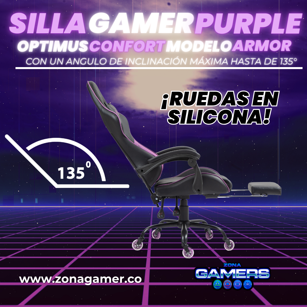 Silla Gamer ARMOR-1039F Purple con reposapiés y ruedas en silicona