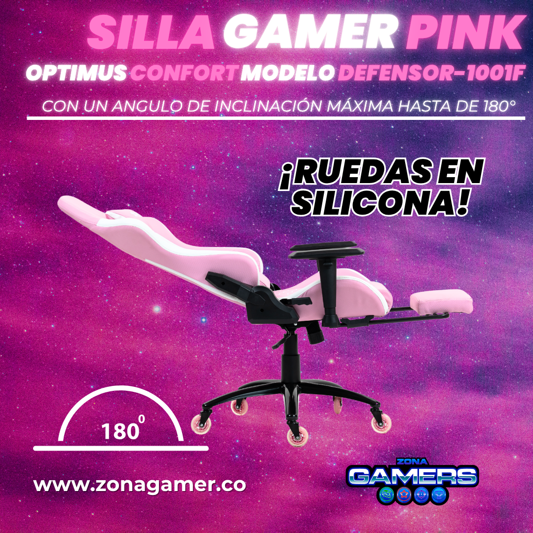 Silla Gamer Defensor-1001F Pink con reposapiés y ruedas en silicona