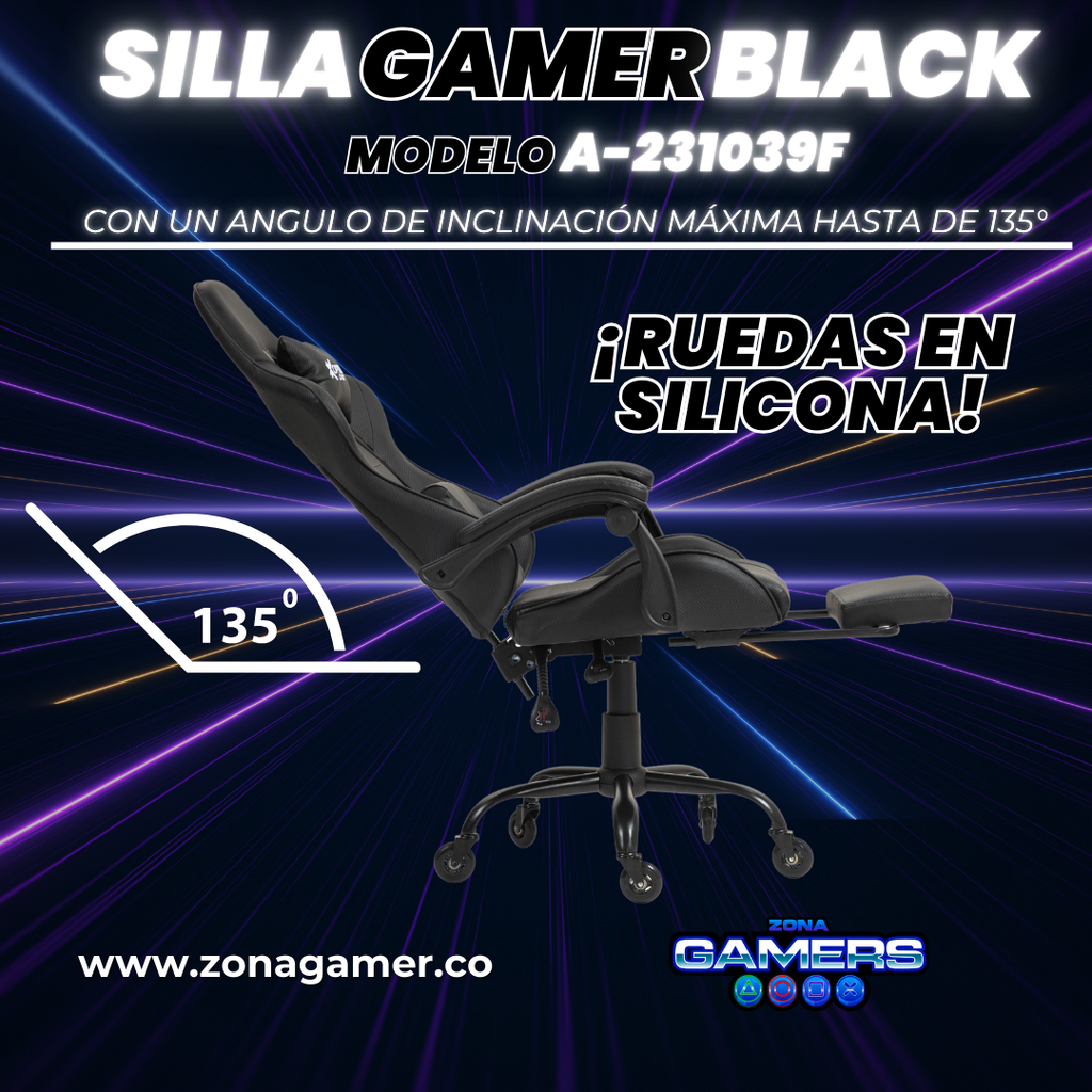Silla Gamer A231039F Black con reposapiés y ruedas en silicona
