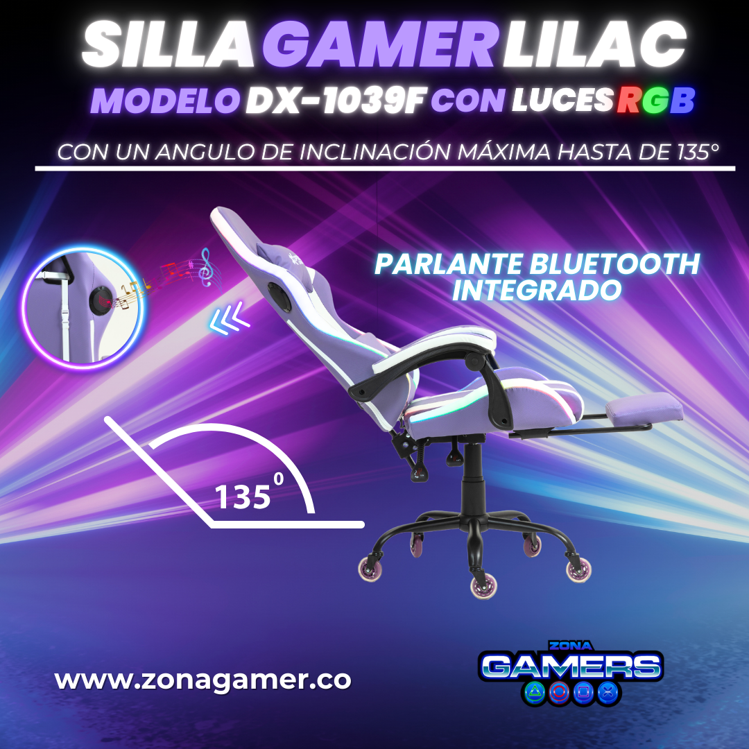 Silla gamer DX-1039F Lilac con luces RGB + Parlantes + reposapiés y ruedas en silicona