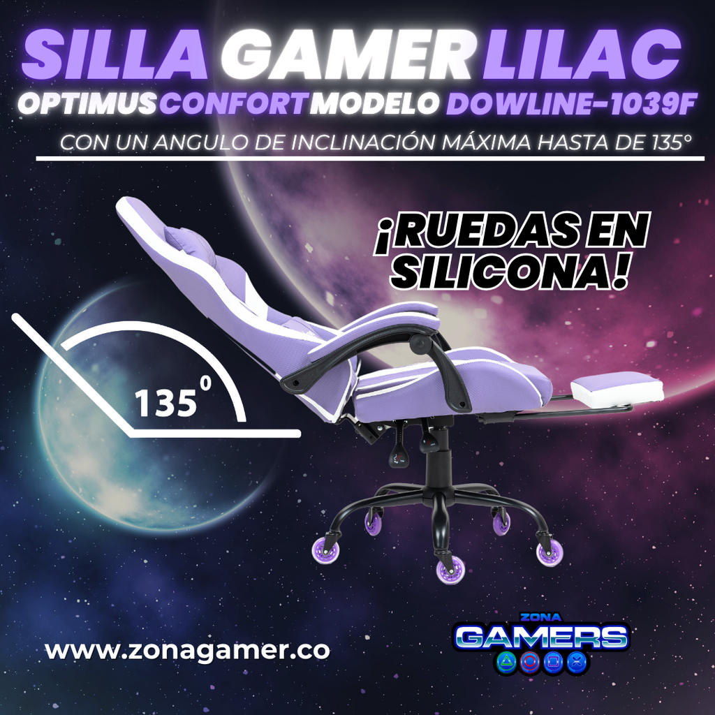 Silla Gamer DOWLINE-1039F Lilac con reposapiés y ruedas en silicona