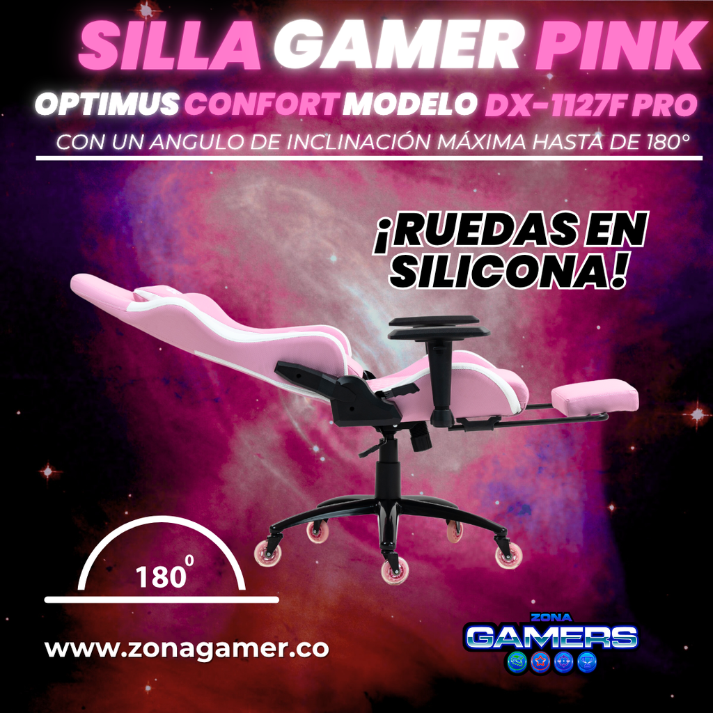 Silla Gamer DX-1127F PRO Pink con reposapiés y ruedas en silicona