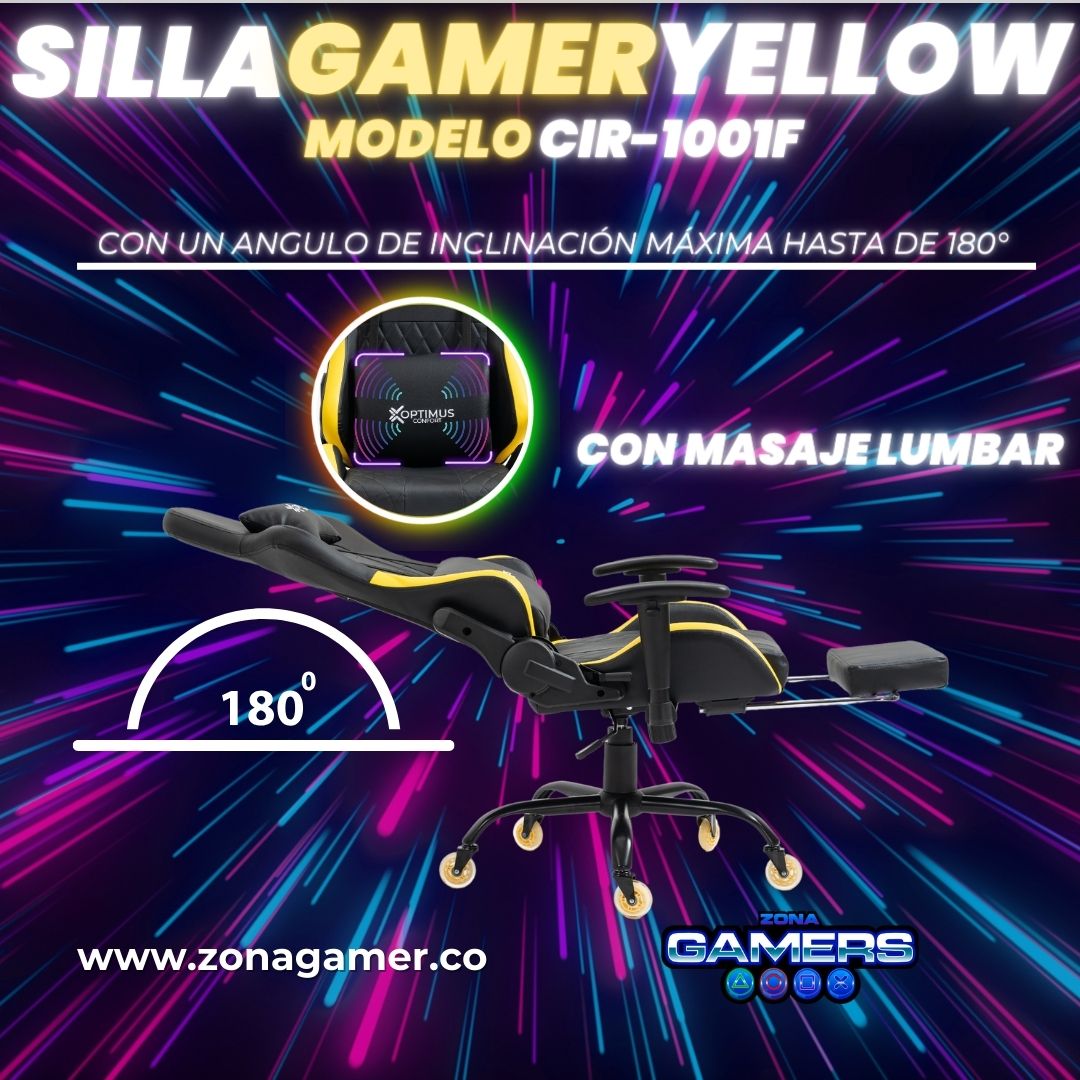 Silla Gamer CIR-1001F Yellow + masajeador lumbar con reposapiés y ruedas en silicona