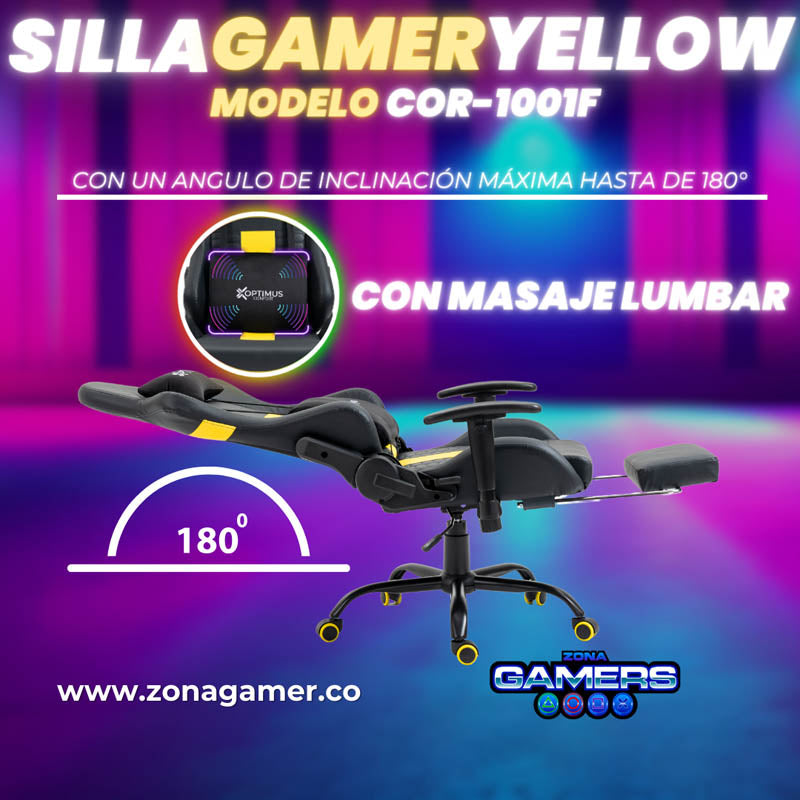 Silla Gamer COR-1001F Yellow con masajeador lumbar y reposapiés incluido