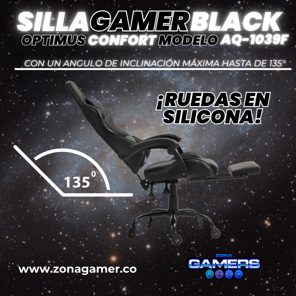 Silla Gamer AQ-1039F Black con reposapiés y ruedas en silicona