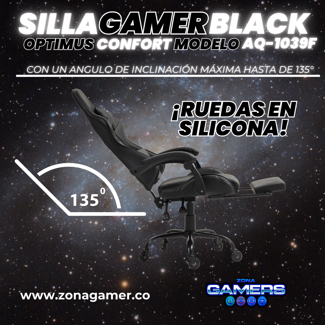 Silla Gamer AQ-1039F Black con reposapiés y ruedas en silicona
