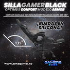 Silla Gamer ARMOR-1127F Black con reposapiés y ruedas en silicona
