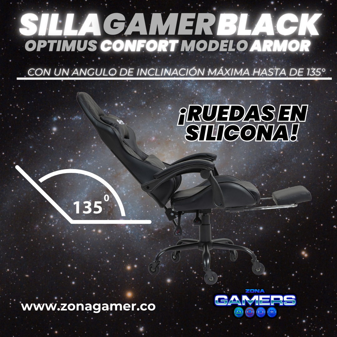 Silla Gamer ARMOR-1127F Black con reposapiés y ruedas en silicona