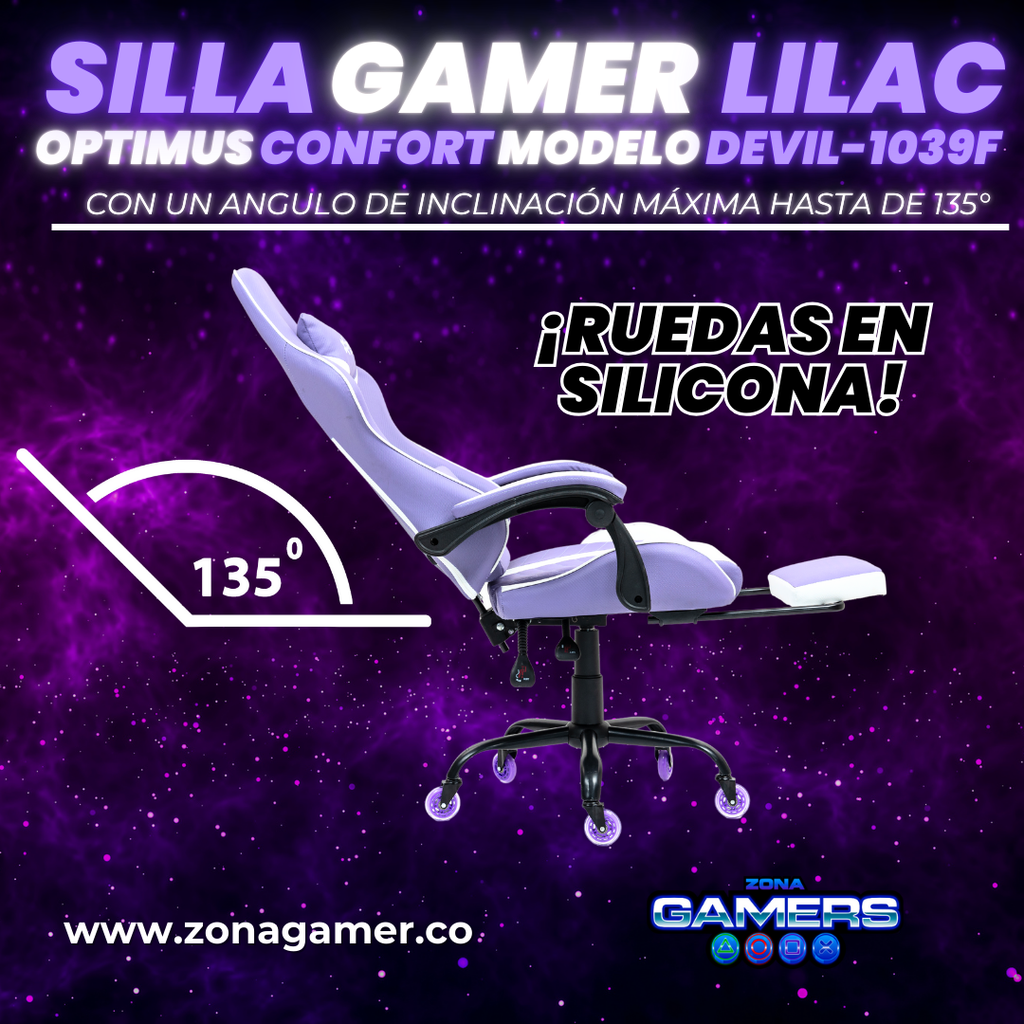 Silla Gamer Devil-1039F Lilac con reposapiés y ruedas en silicona