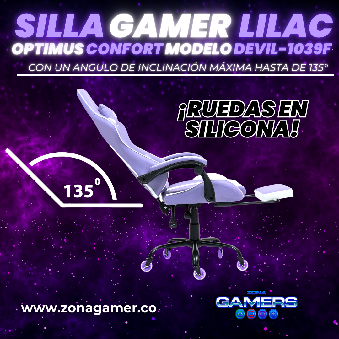 Silla Gamer Devil-1039F Lilac con reposapiés y ruedas en silicona