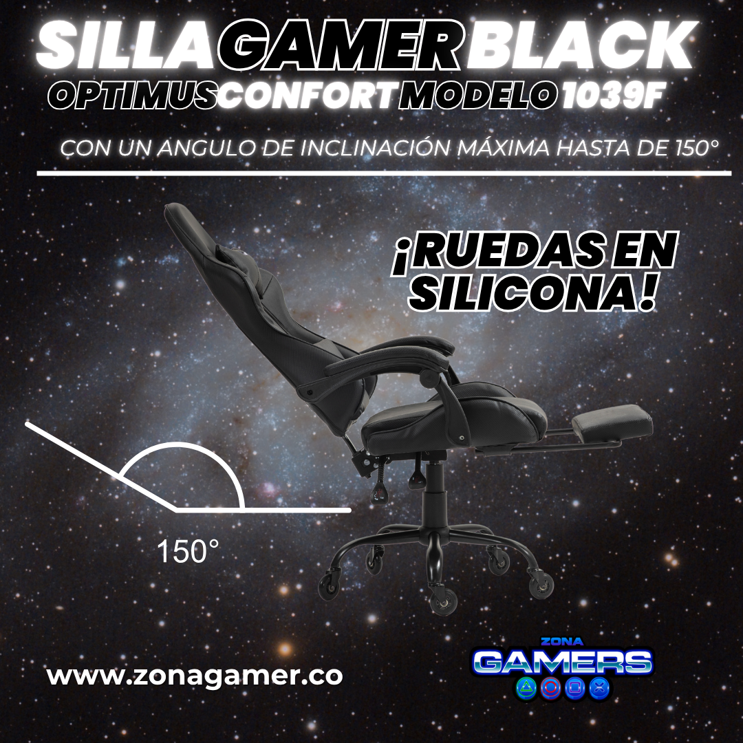 Silla Gamer 1039F Black con reposapiés y ruedas en silicona