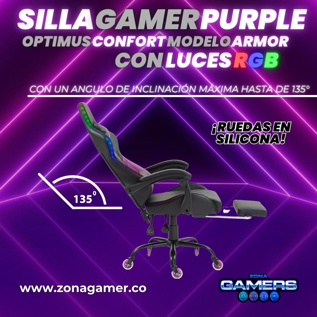 Silla gamer Armor Purple con luces RGB + reposapiés y ruedas en silicona