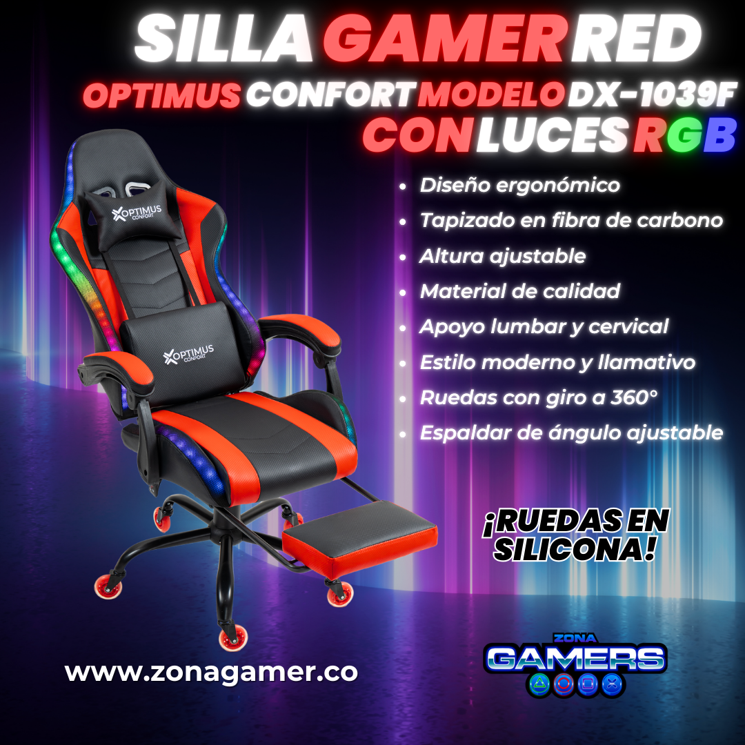 Silla gamer DX-1039F Red con luces RGB + reposapiés y ruedas en silicona