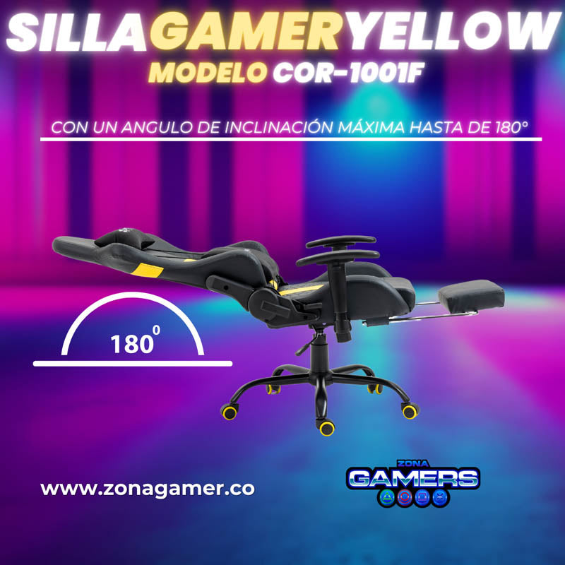 Silla Gamer COR-1001F Yellow con reposapiés