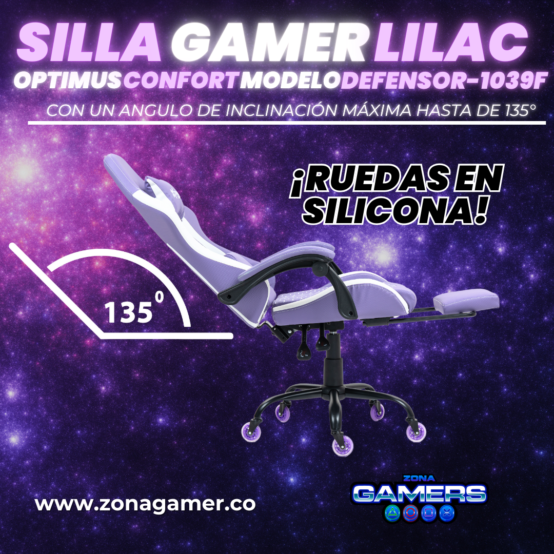Silla Gamer Defensor-1039F Lilac con reposapiés y ruedas en silicona