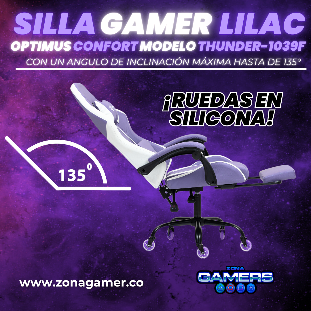 Silla Gamer Thunder-1039F Lilac con reposapiés y ruedas en silicona