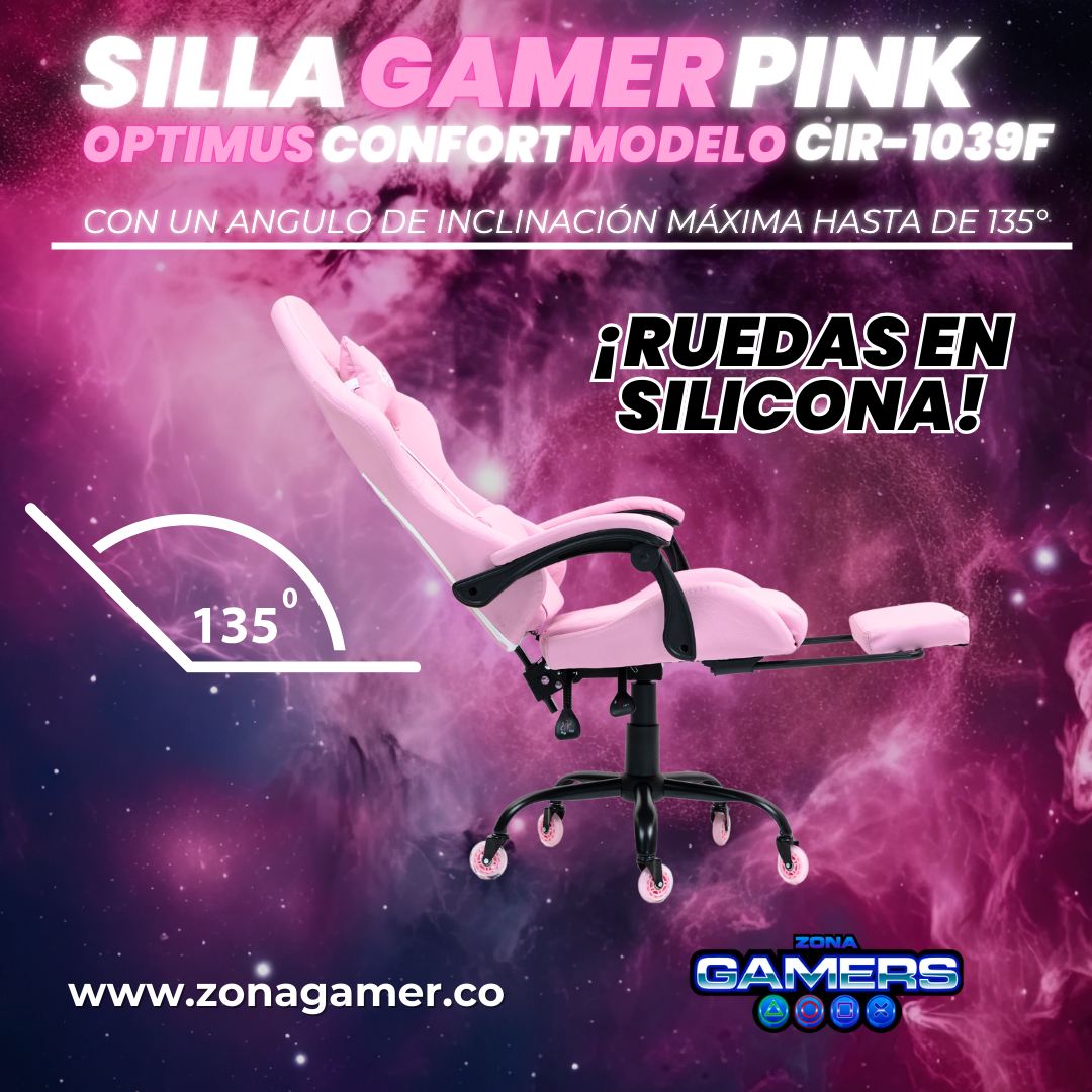 Silla Gamer CIR-1039F Pink con reposapiés y ruedas en silicona