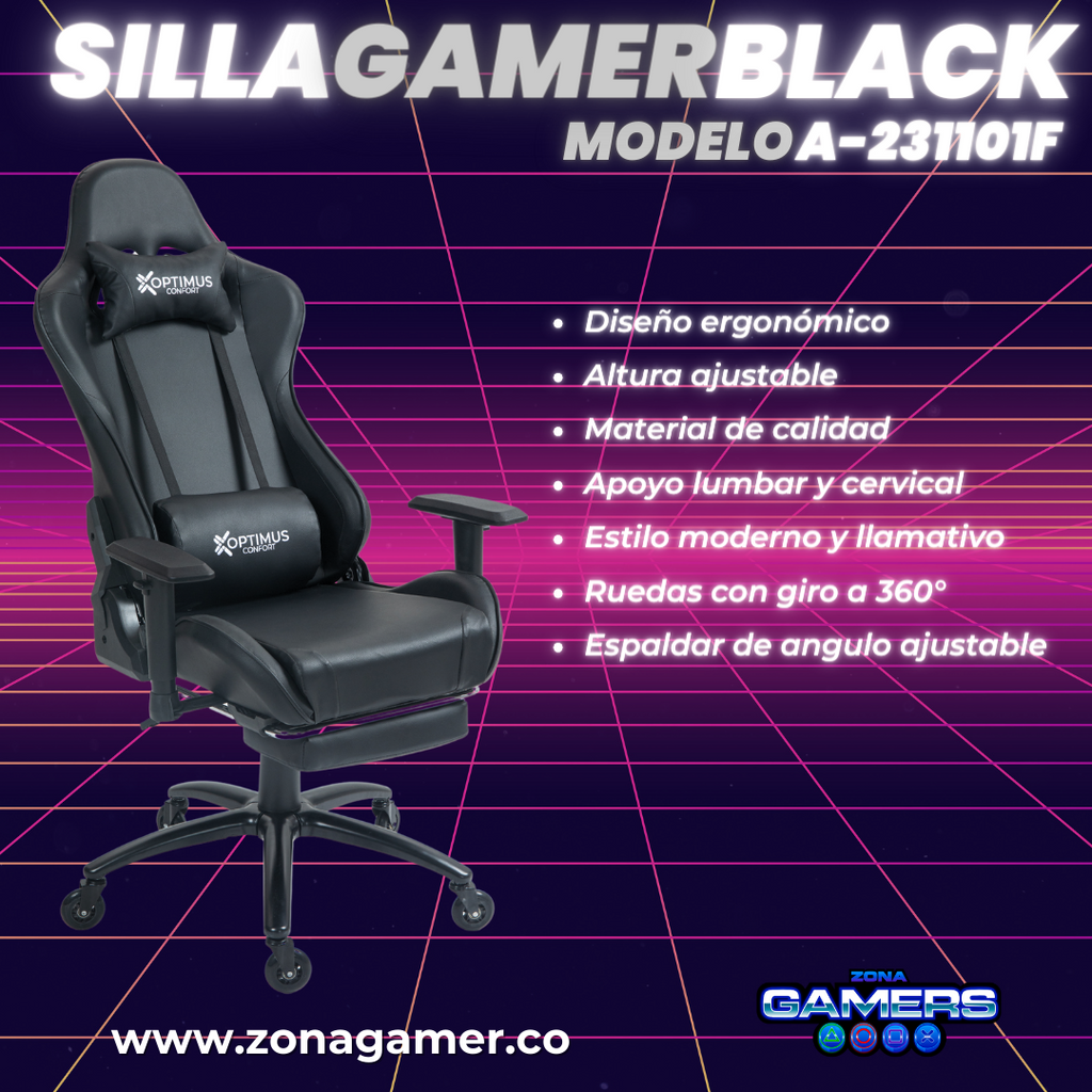 Silla gamer A231101F Black + reposapiés y ruedas en silicona