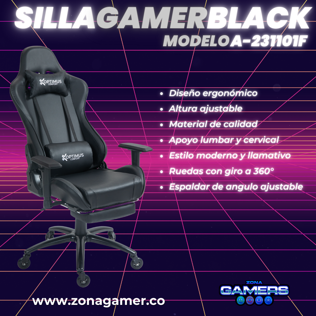 Silla gamer A231101F Black + reposapiés y ruedas en silicona