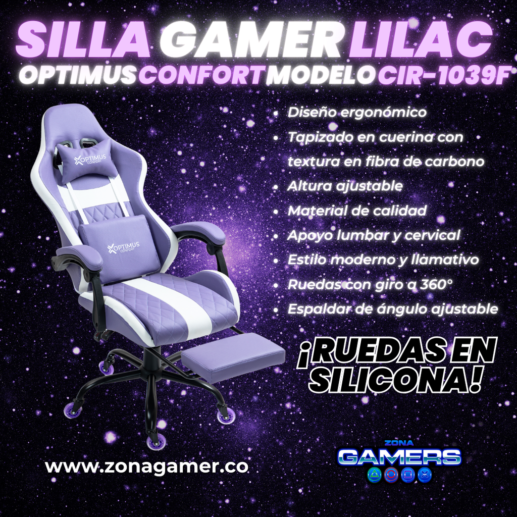Silla Gamer CIR-1039F Lilac con reposapiés y ruedas en silicona