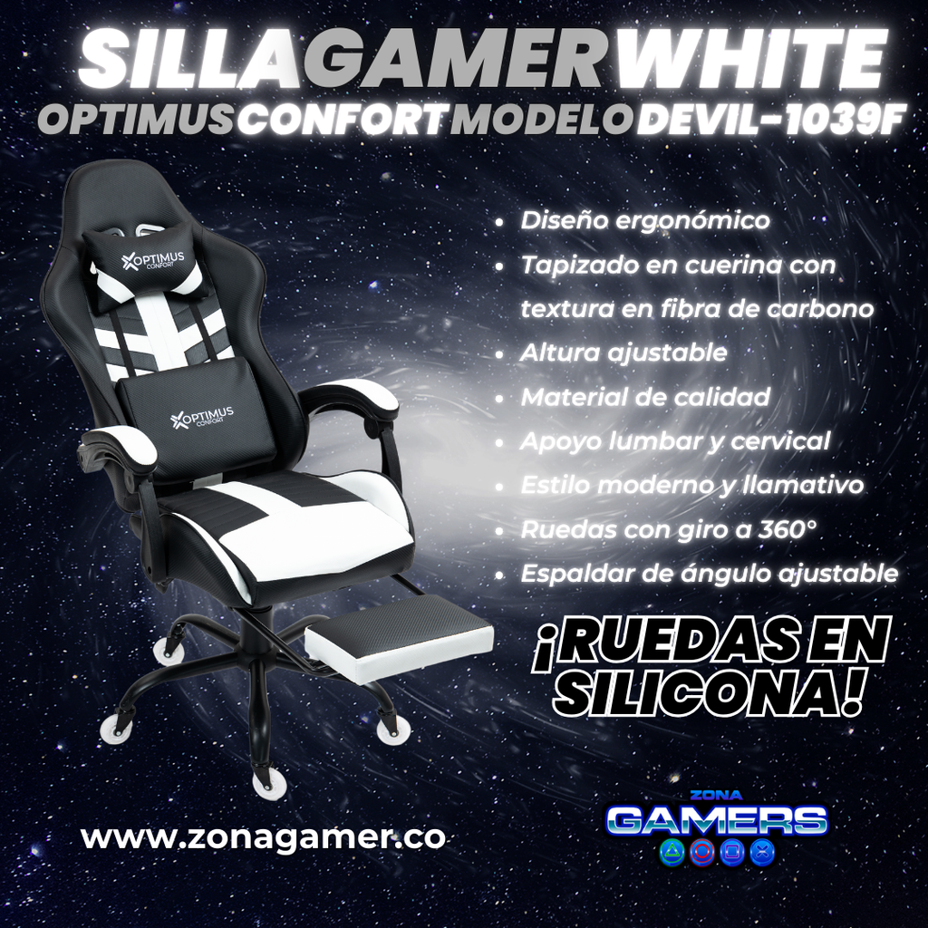Silla Gamer Devil-1039F White con reposapiés y ruedas en silicona