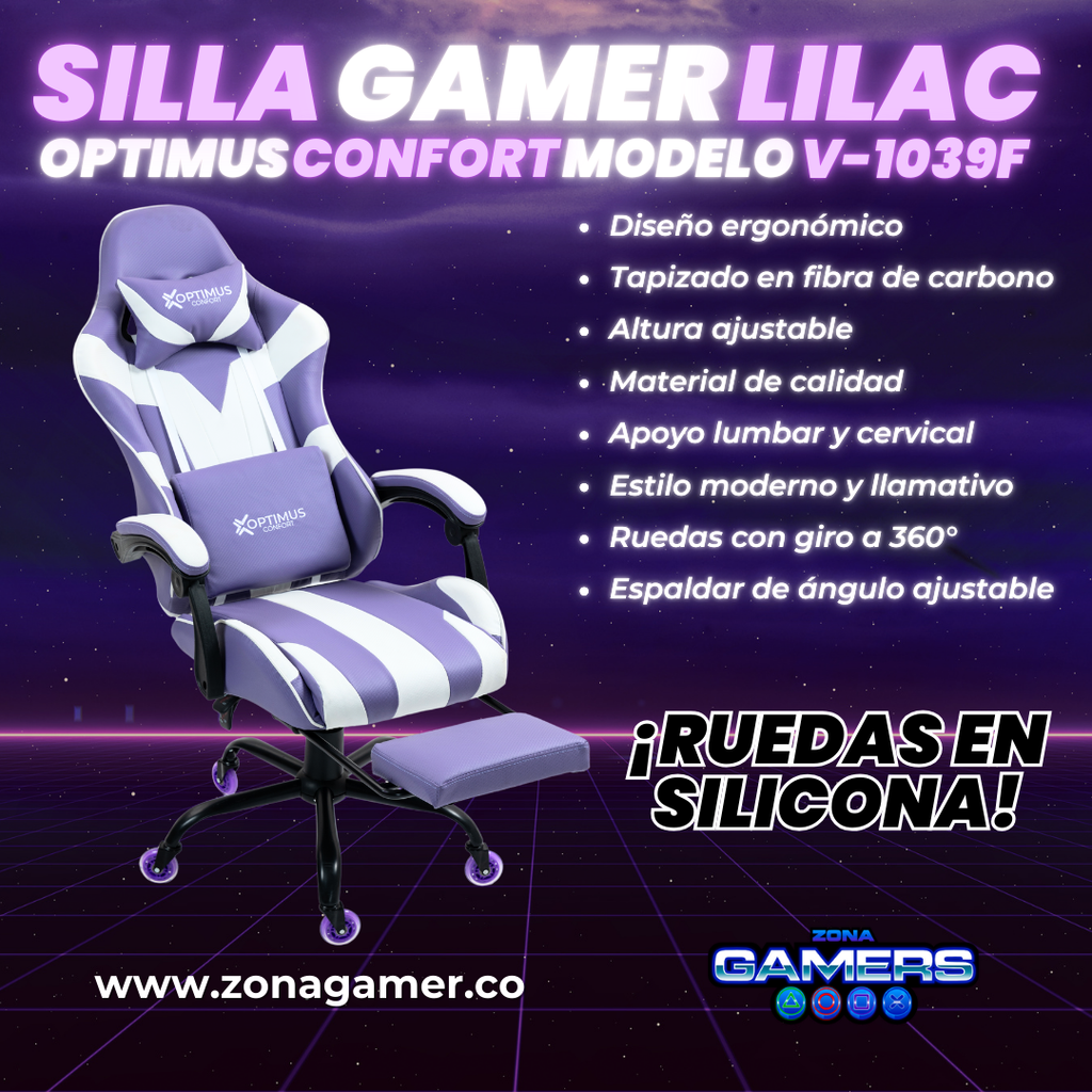 Silla Gamer V-1039F Lilac con reposapiés y ruedas en silicona