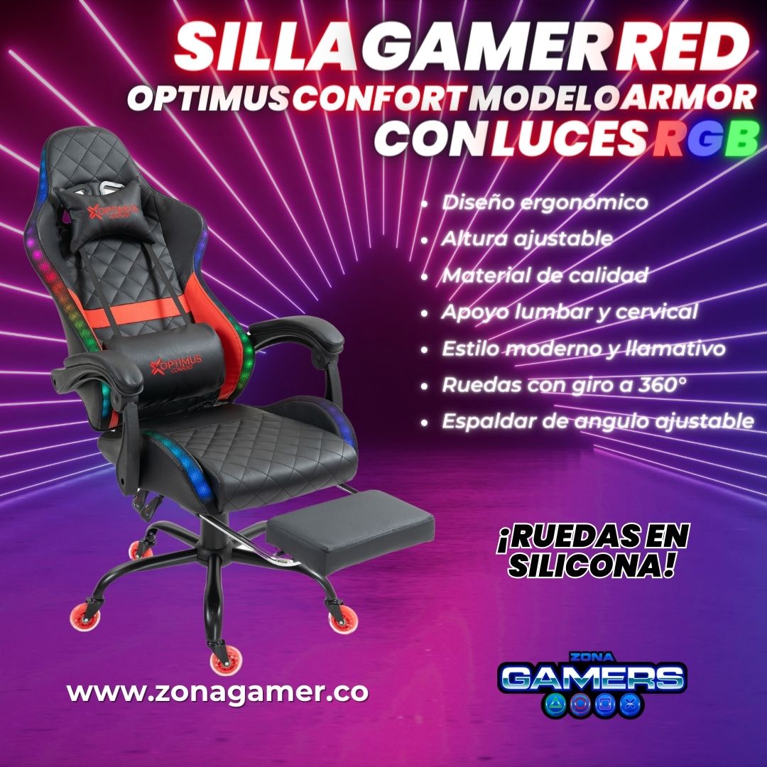 Silla gamer Armor Red con luces RGB + reposapiés y ruedas en silicona