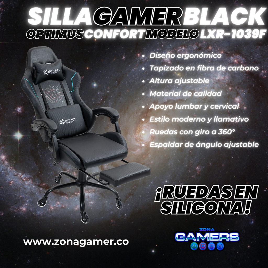 Silla Gamer LXR-1039F Black con reposapiés y ruedas en silicona
