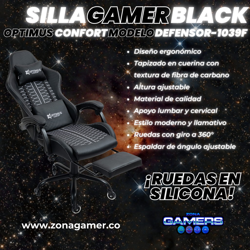 Silla Gamer Defensor-1039F Black con reposapiés y ruedas en silicona